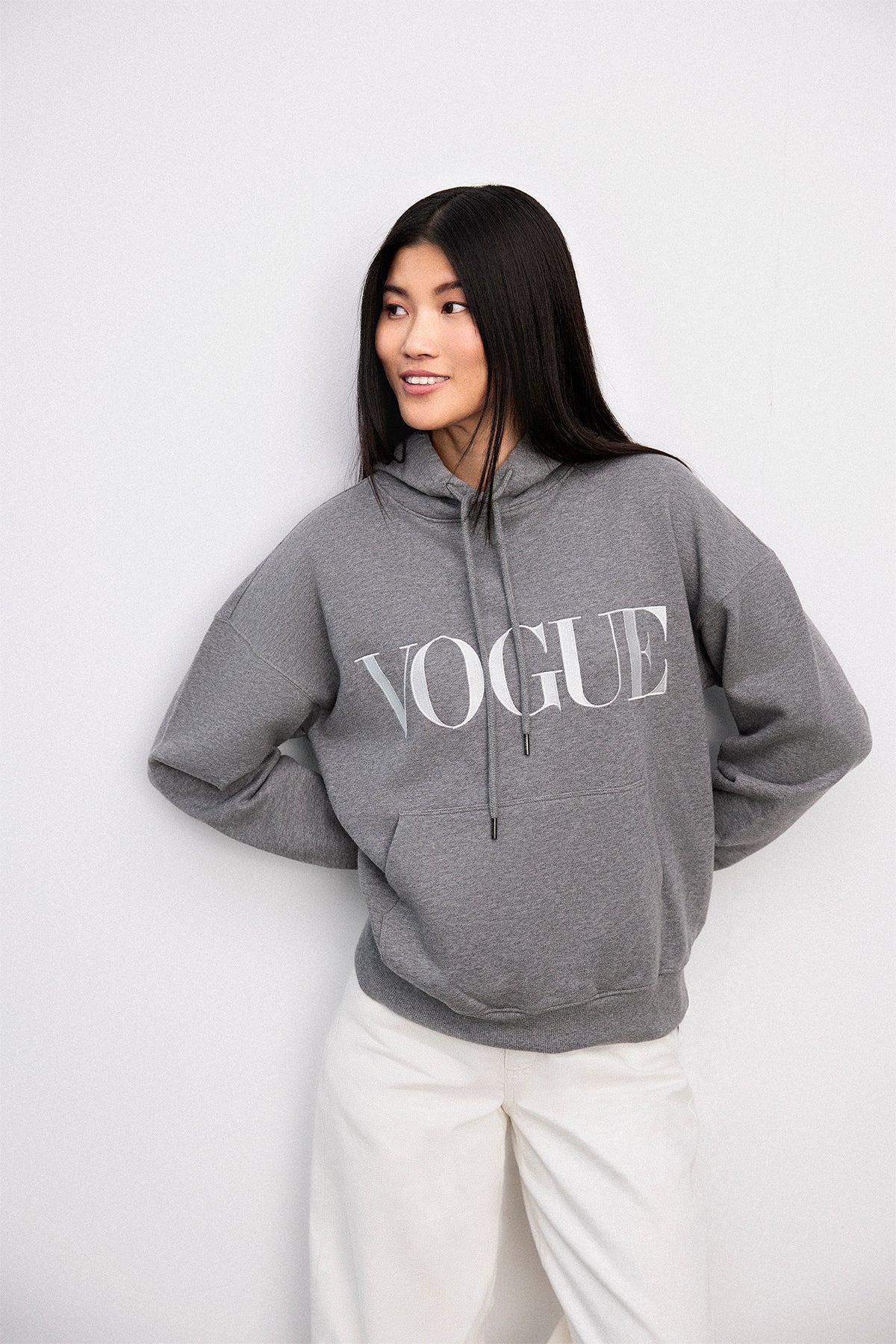 VOGUE Hoodie Gray Embroidered Logo - Image 3