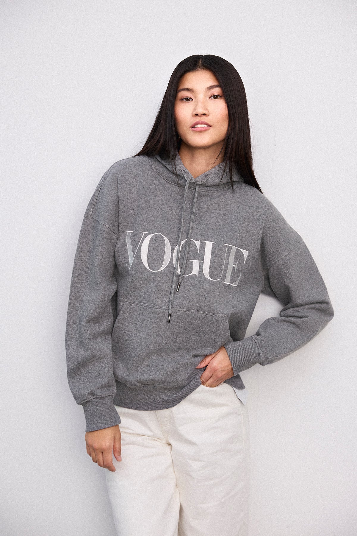 VOGUE Hoodie Gray Embroidered Logo - Image 4
