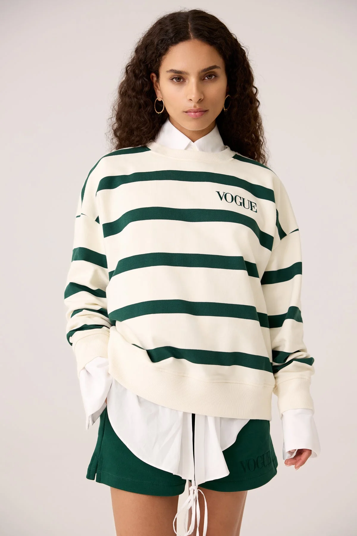 VOGUE Sweatshirt Dark Green Striped Embroidered Logo - Image 3