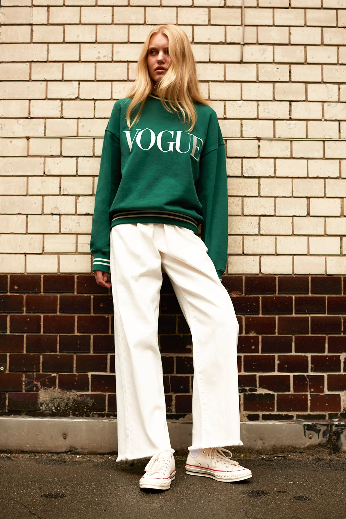 VOGUE Sweatshirt Green Embroidered Cream Logo - Image 3